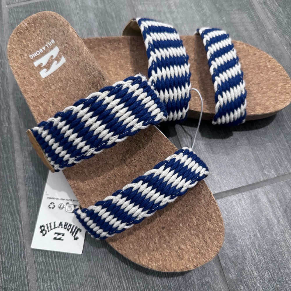 Billabong Rope Striped Slides Sandals Blue/ White Cork Soles-NWT Size 8
